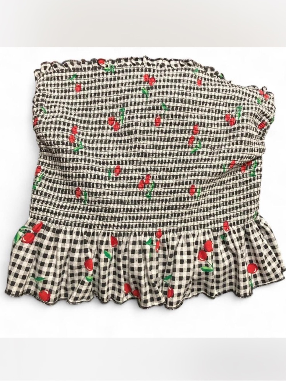 Black & White Gingham Smocked Cherry Print Top